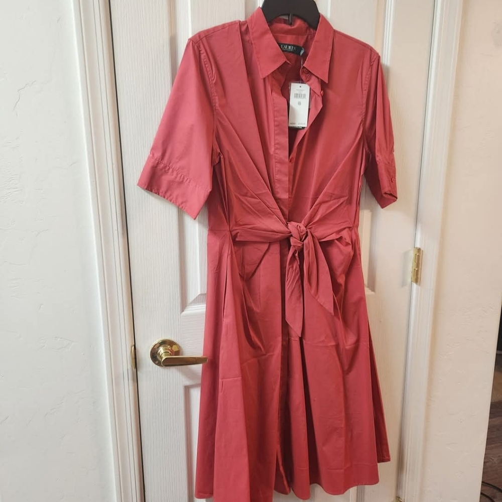 Ralph Lauren Coral Colored Short Sleeve Tie Waist Button Dress